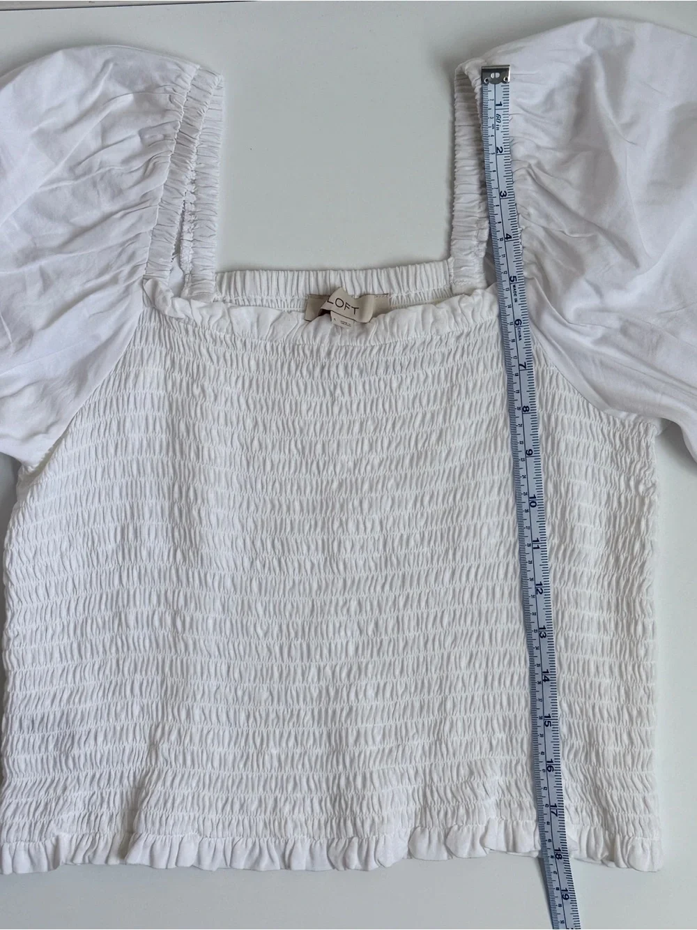 LOFT White Smocked Square-Neck Puff Sleeve Blouse Women’s Size Large